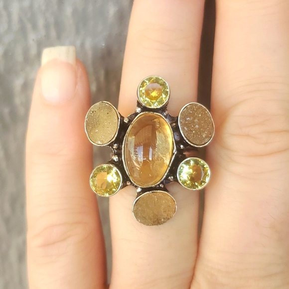 New Golden Rutile, Citrine and Druzy 925 Silver Ring. - Picture 2 of 16